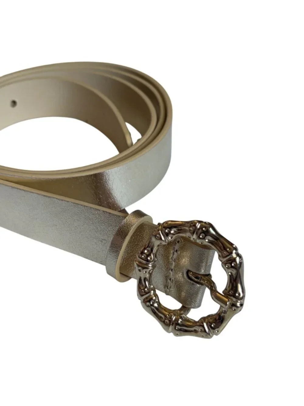Talbots Gold Metallic Leather Belt Bamboo Style Buckle XL Made in Italy Preppy